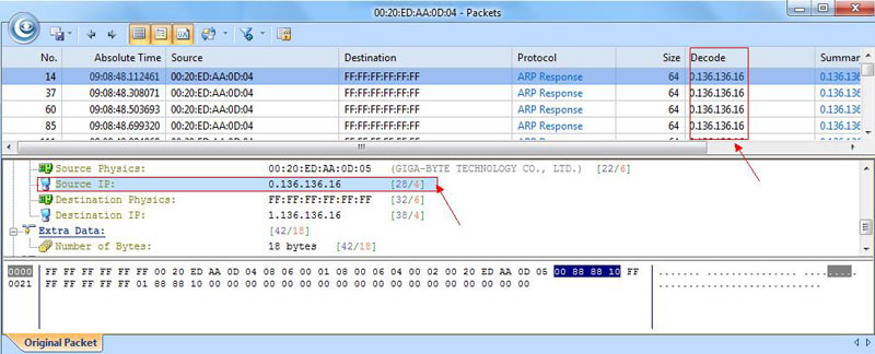 Capsa Network Analyzer - Drilling-down into the ARP attack packets. capsa-network-analyzer-discover-arp-attacks-flooding-4