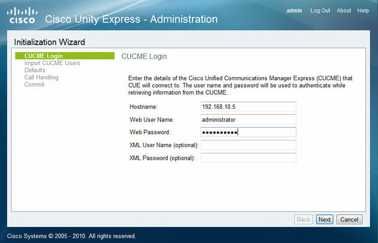 cisco unity express cme login credentials
