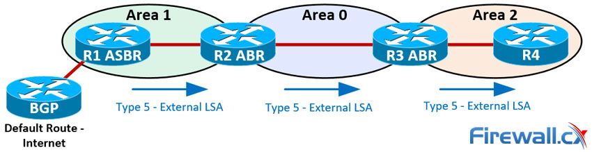 LSA Type 5 packets advertise the default route to all OSPF routers