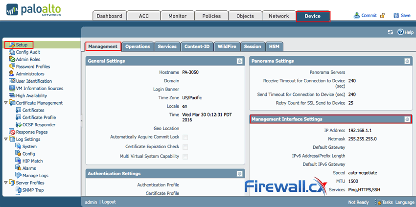 Accessing the Palo Alto Networks Firewall Management IP Address tab