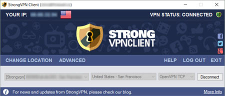 The StrongVPN VPN Client GUI interface