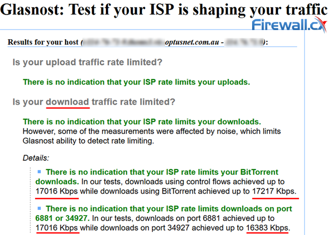 Glasnost failed to detect any BitTorrent Bandwidth Throttling for our connection