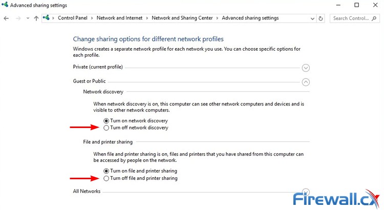 Disabling Network Discovery and File Printer Sharing when connected to Public wifi