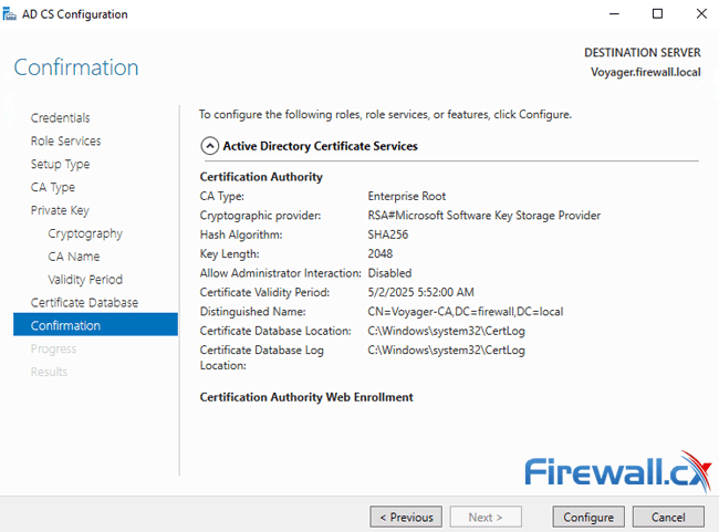 windows ca server configuration confirmation of settings