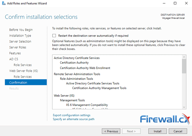 windows ca server installation confirm installation options