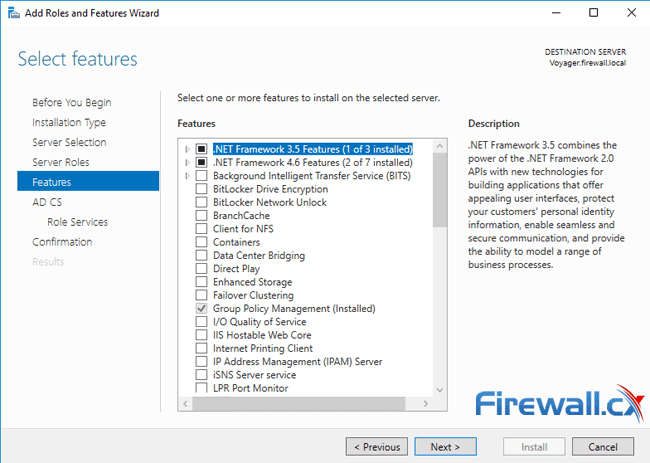 windows ca server installation select features