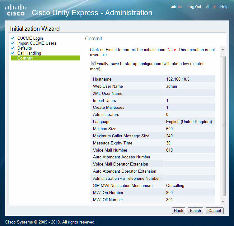 cisco unityexpress configuration summary