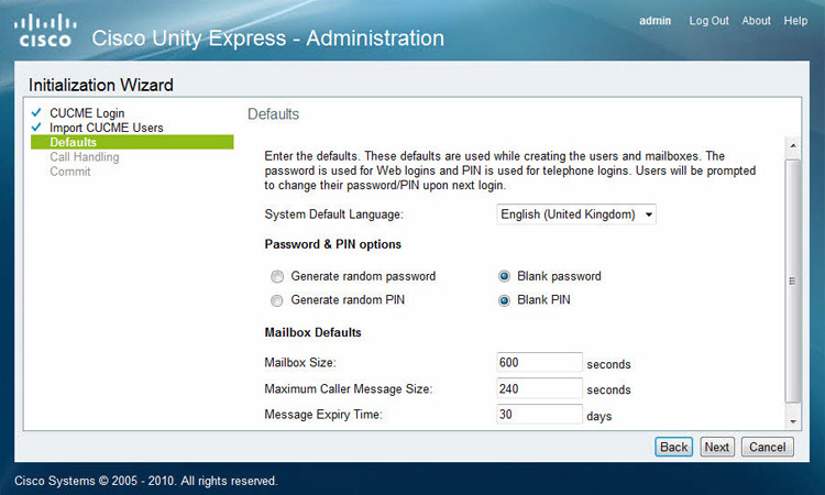 cisco unityexpress pin configuration