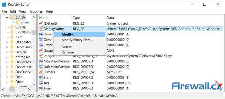 Modify & correct the Windows 10 Cisco VPN Registry entry
