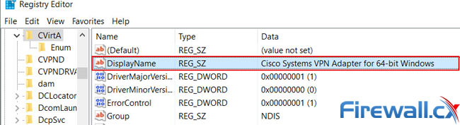 The correct DisplayName registry value for the 64bit Cisco VPN Client