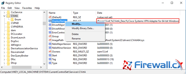 Modify & correct the Windows 10 Cisco VPN Registry entry