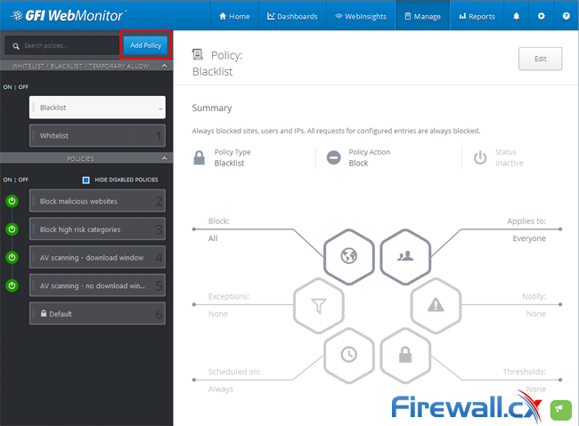 Click on the GFI WebMonitor Add Policy button