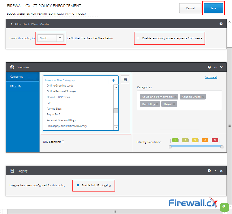 Selecting Website Categories to be blocked and actions to be taken