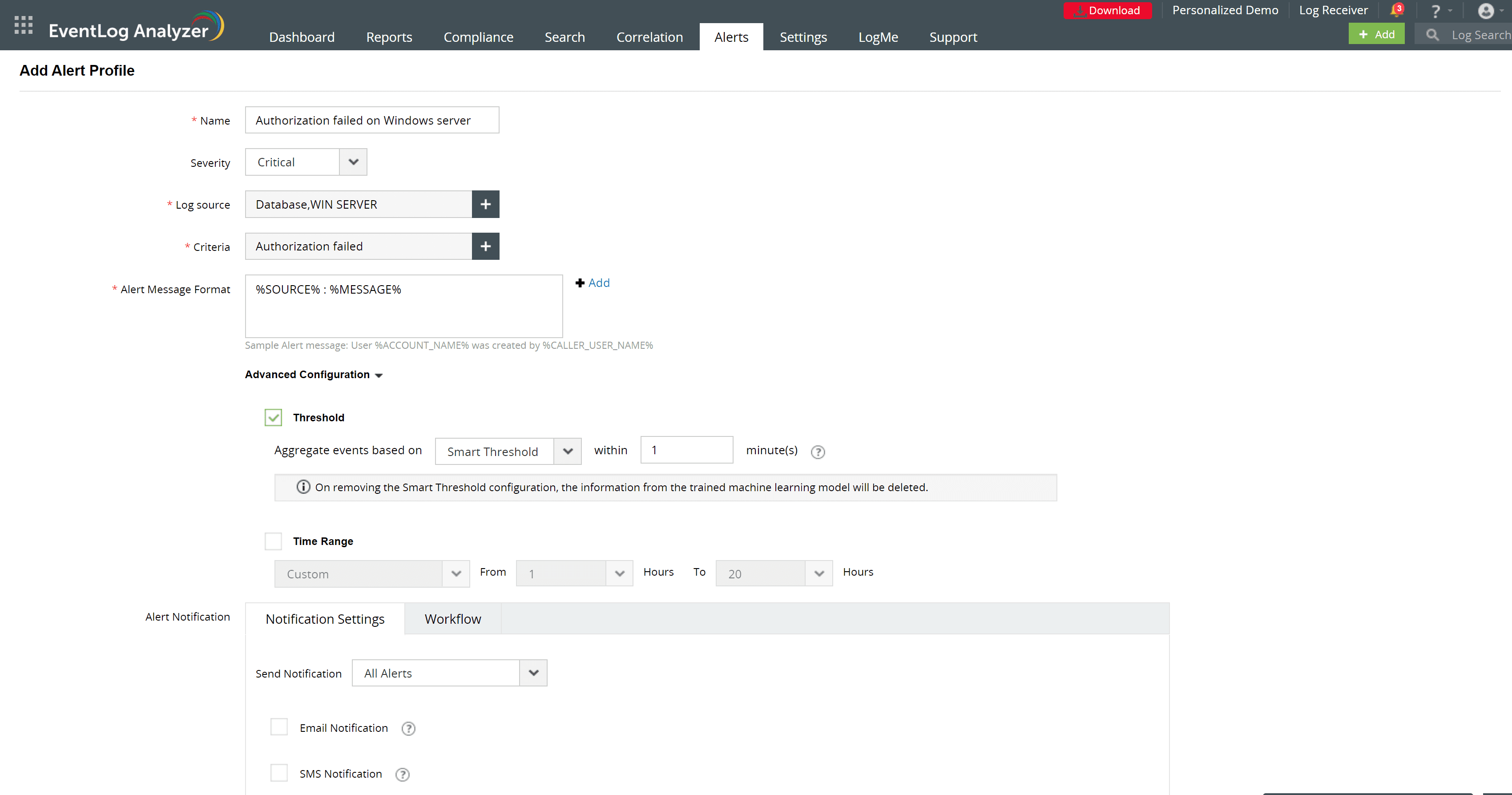 EventLog Analyzer's alert profile EventLog Analyzer's alert profile