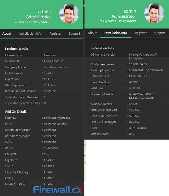 OpManager installed options and product details