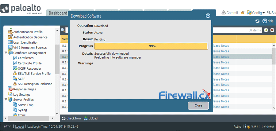 palo alto firewall PAN-OS software download in progress