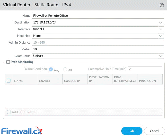 Creating Static Route entry for the remote VPN network(s) on a Palo Alto firewall