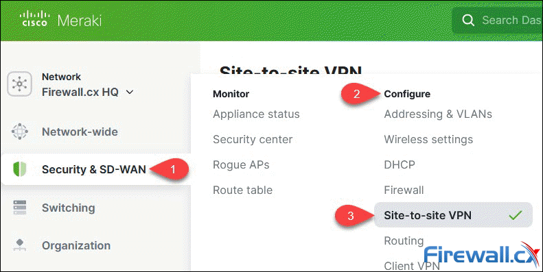 Accessing the Site-to-Site VPN section on a Meraki MX