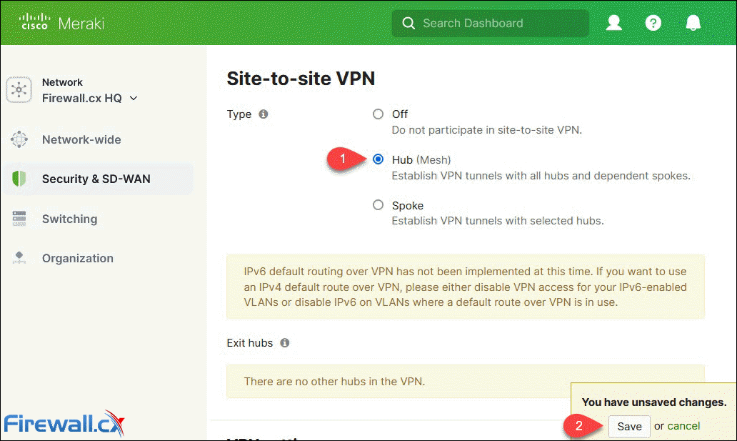 Enabling Site-to-site VPN Hub (Mesh) on Meraki MX