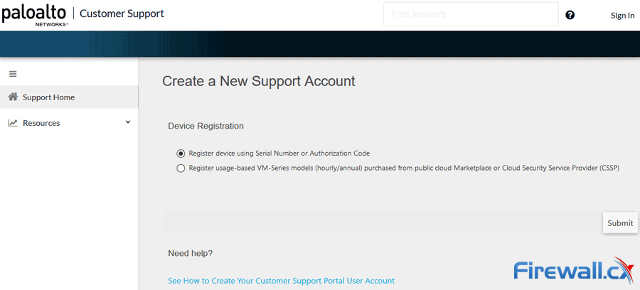 palo alto create a new support account device registration