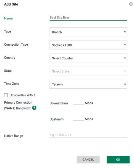 catonetwork sdwan sase site parameters