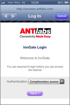 ANTlab’s InnGate WiFi client login page