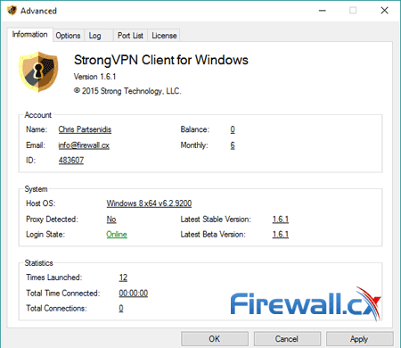 StrongVPN client information window