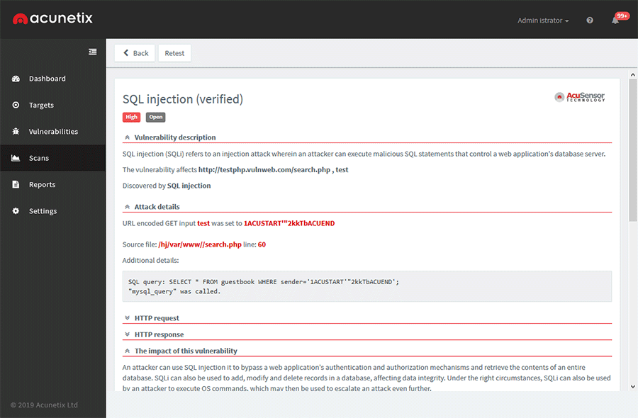 examining sql injection vulnerabilities detected