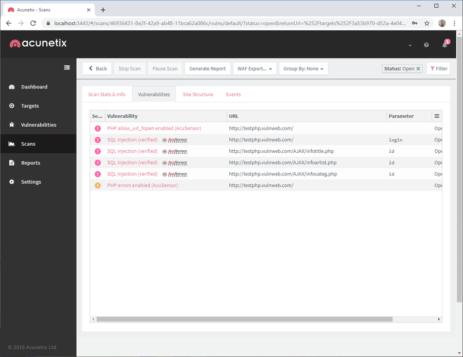 list of sql injection vulnerabilities detected