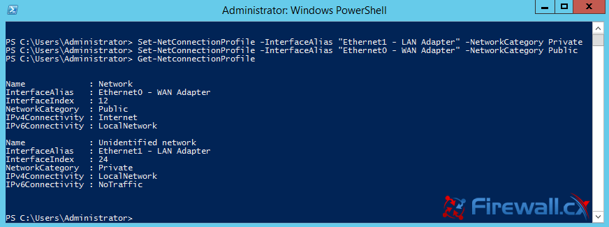 Changing network profile for both network cards using the Set-NetConnectionProfile command