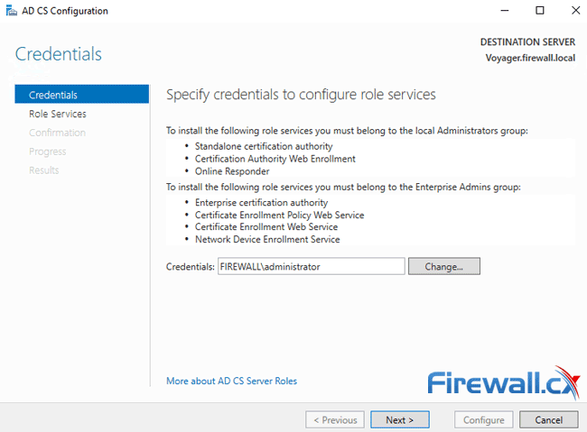 windows ca server configuration credentials