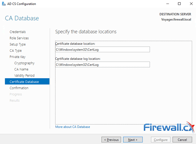 windows ca server configuration database location