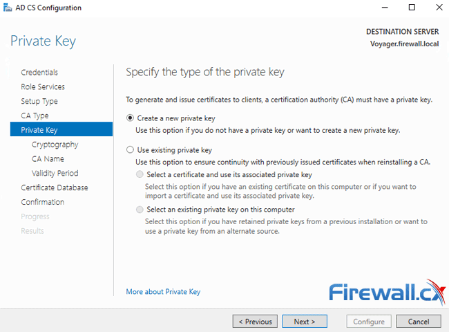 windows ca server configuration private key