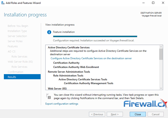 windows ca server installation progress