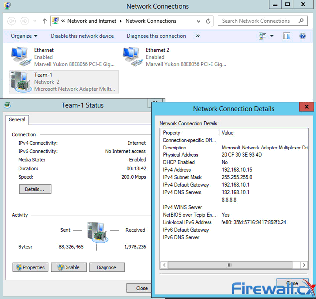 The newly created NIC Team Adapter in Windows 2012 Server