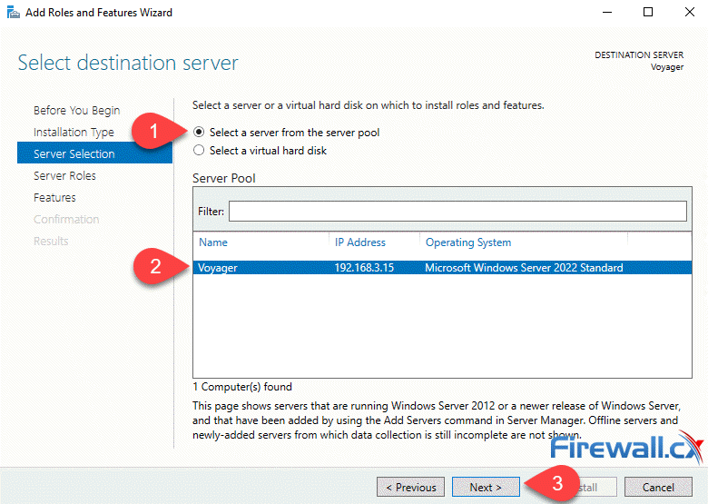 Windows Server 2022 - Selecting the destination server Selecting the destination server for our AD and DNS service installation