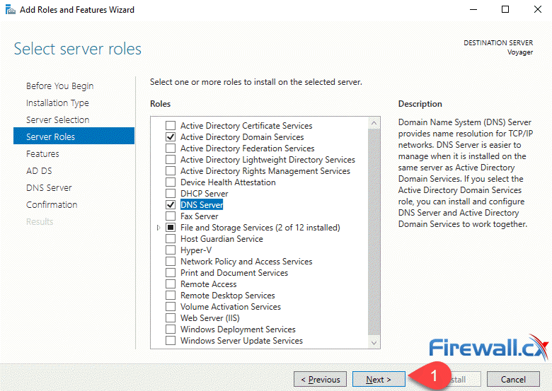 Windows Server 2022 - Active Directory and DNS Server roles selected for installation